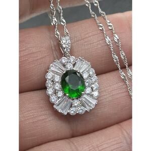 DSMK 925 STERLING SILVER CZ EMERALD PENDANT NECKLACE